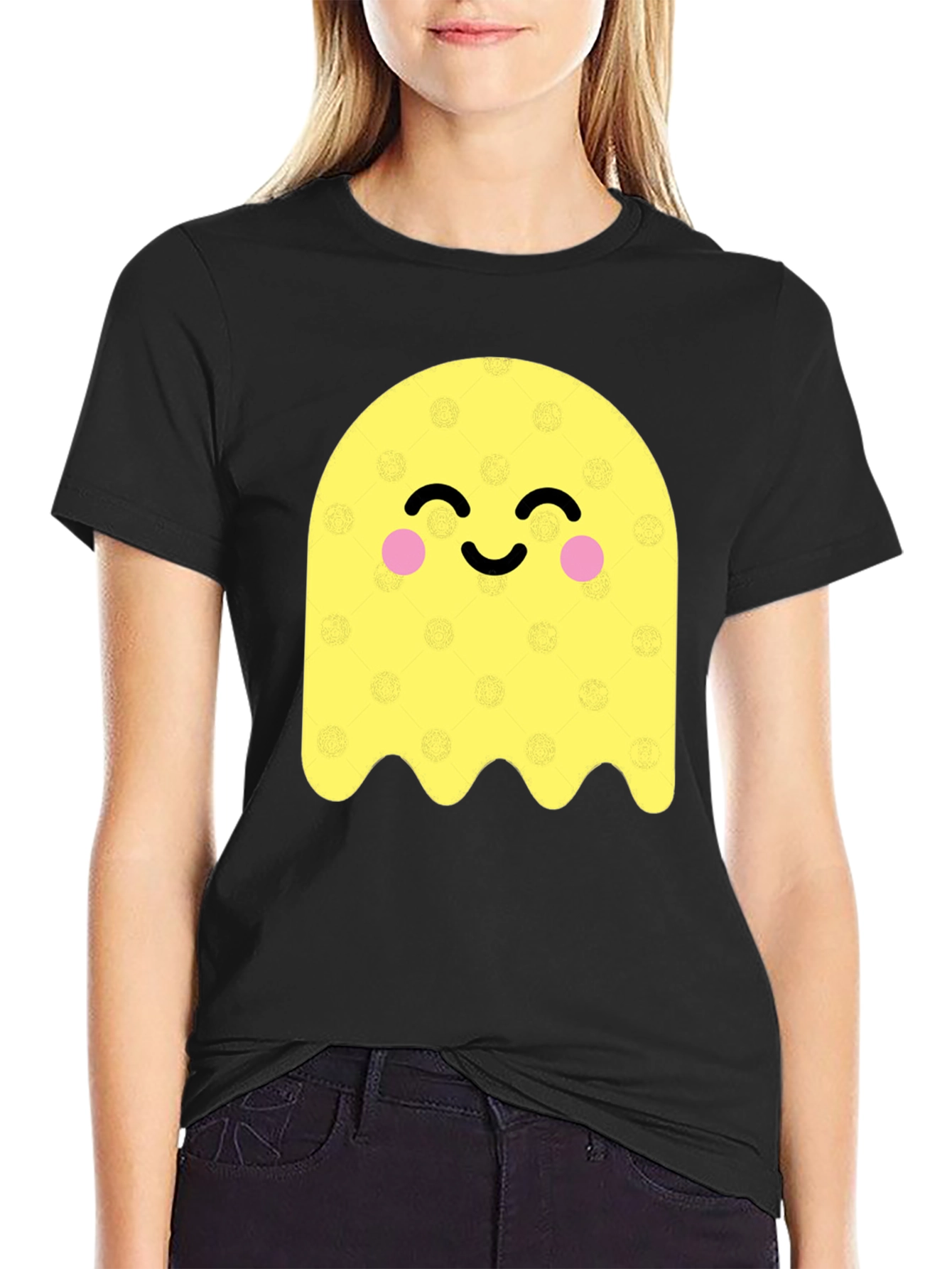 Cute Ghost Graphic Tee - Black Cotton Blend T-Shirt