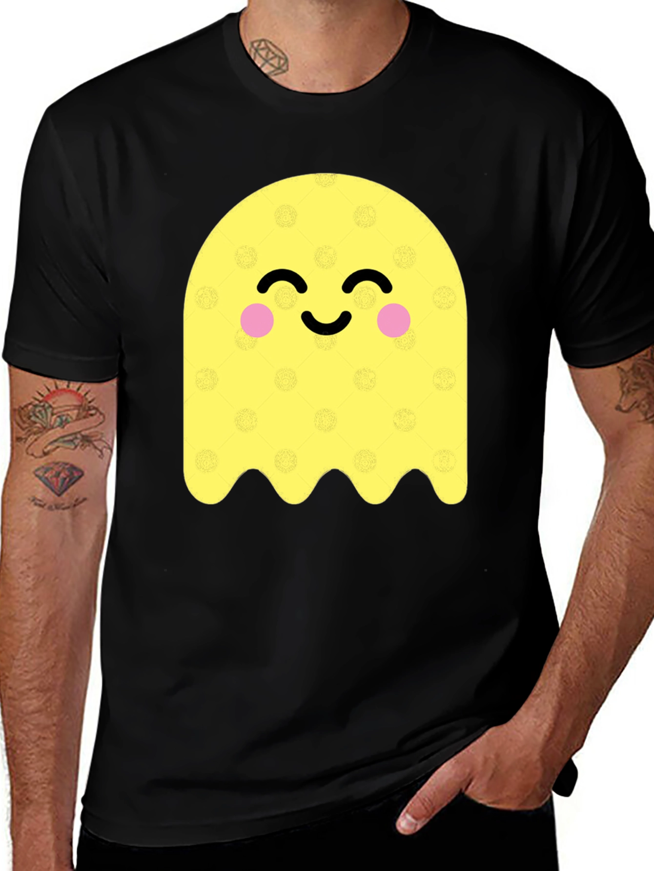 Cute Ghost Graphic Tee - Black Cotton Blend T-Shirt