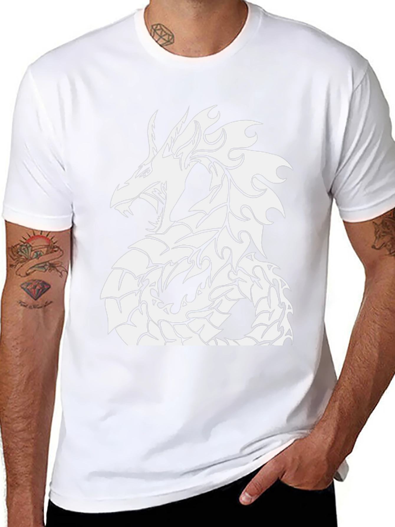 Black T-Shirt with White Dragon Graphic