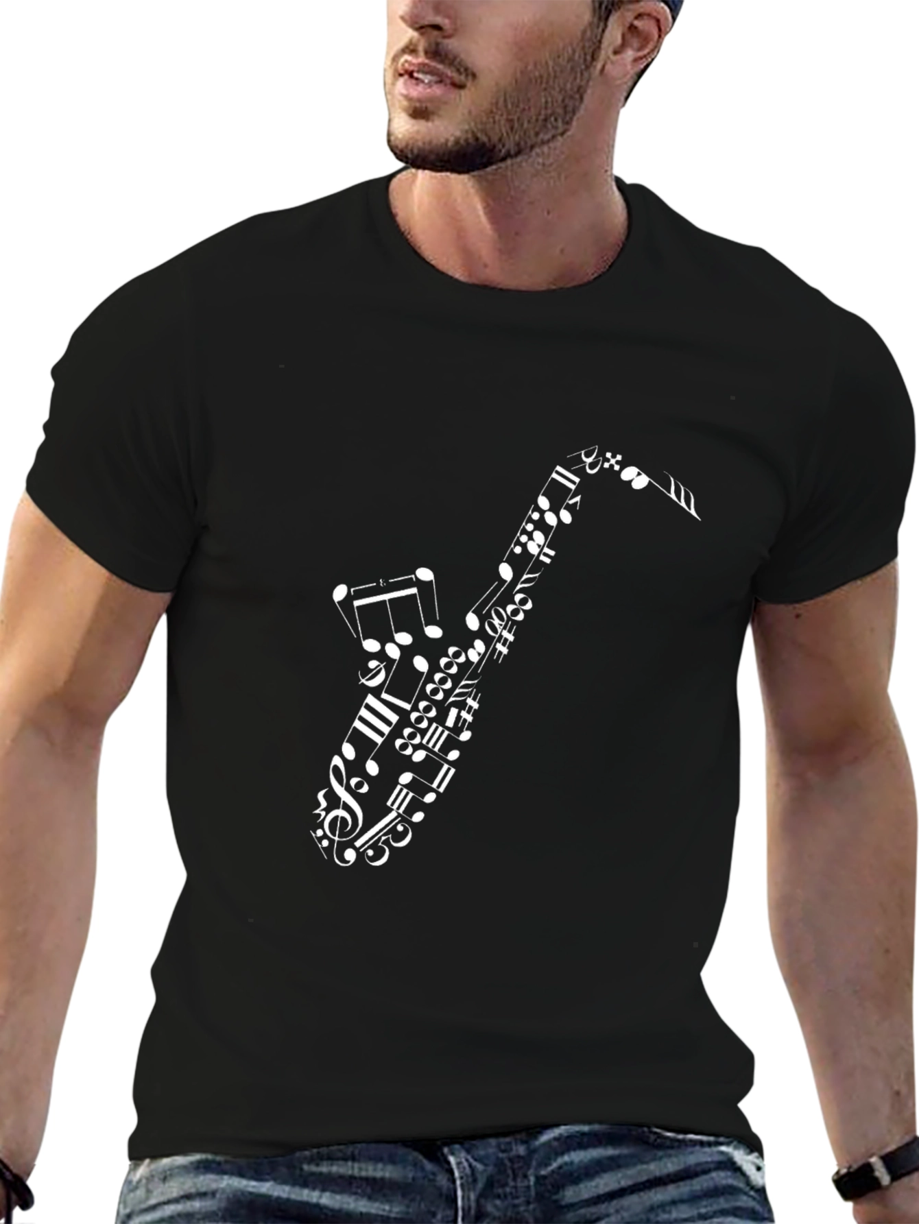 Saxophone Music Note Graphic Black T-Shirt