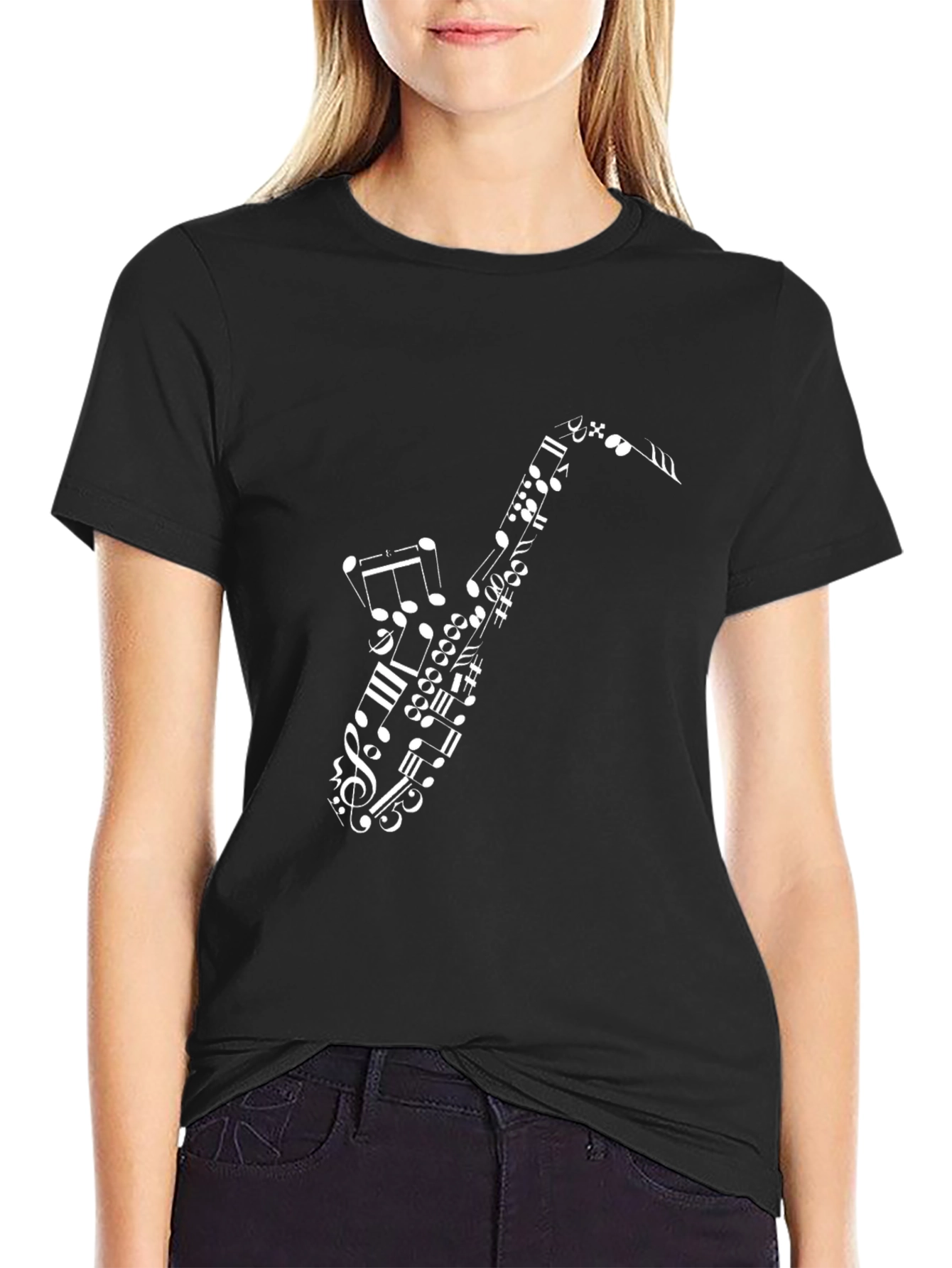 Saxophone Music Note Graphic Black T-Shirt