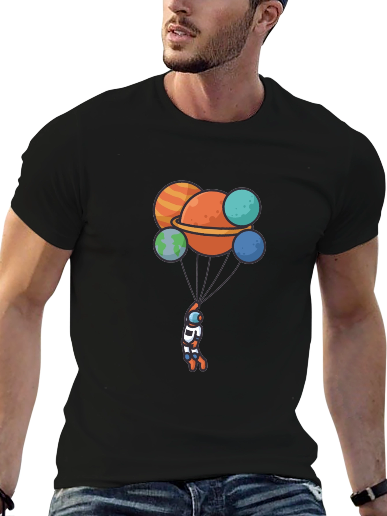 Astronaut Planet Balloon Graphic Black T-Shirt