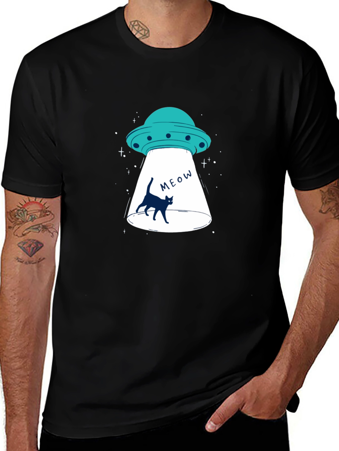Alien Abduction Cat T-Shirt - Black