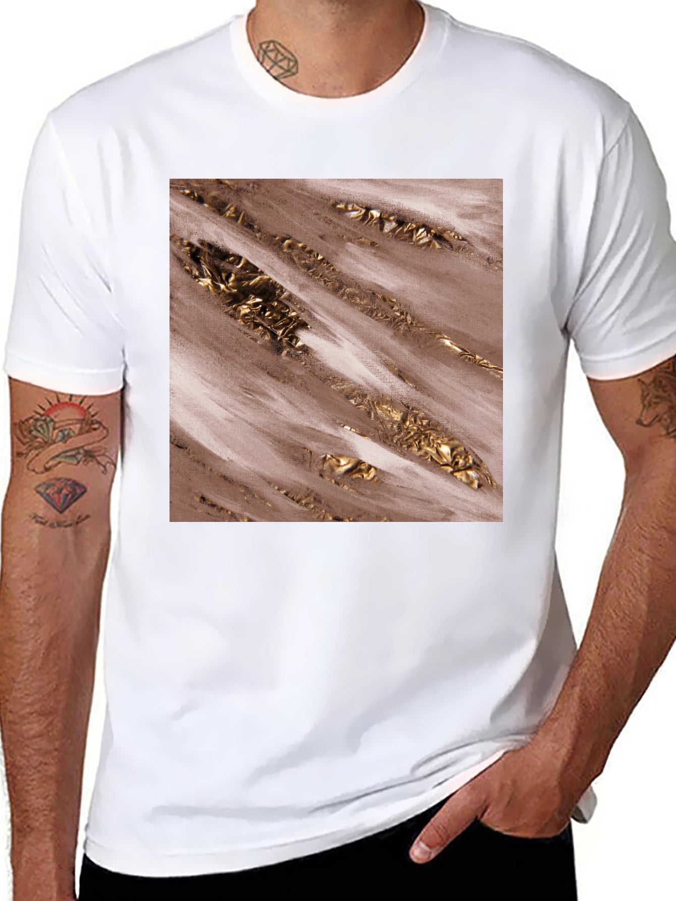 Modern Abstract Gold Foil Print Black Tee