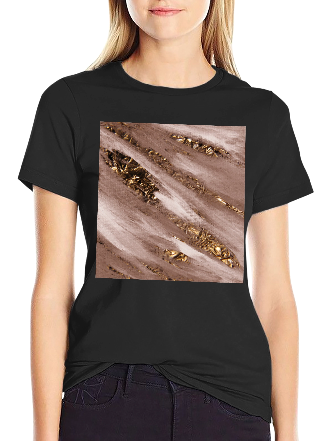 Modern Abstract Gold Foil Print Black Tee