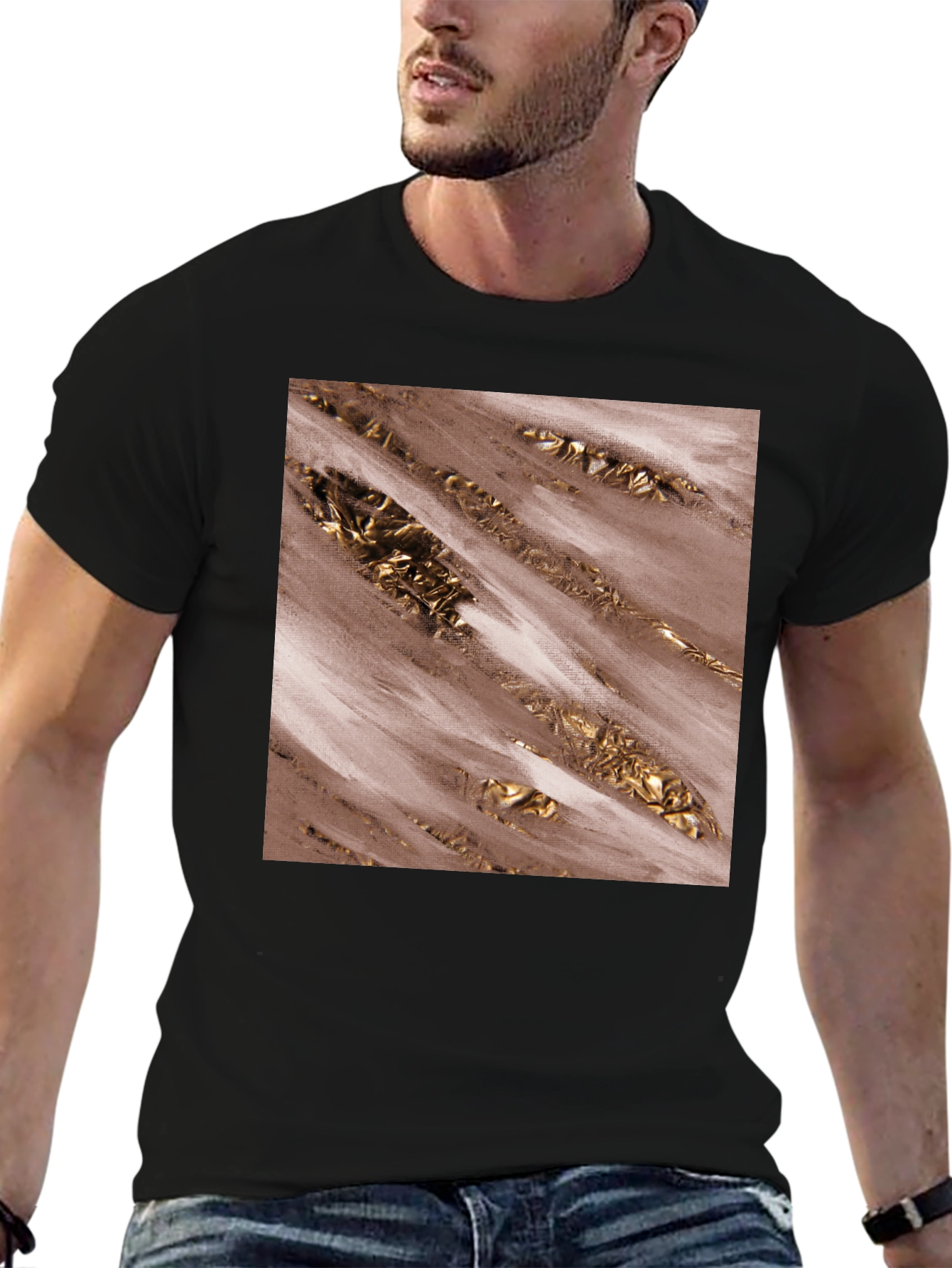 Modern Abstract Gold Foil Print Black Tee