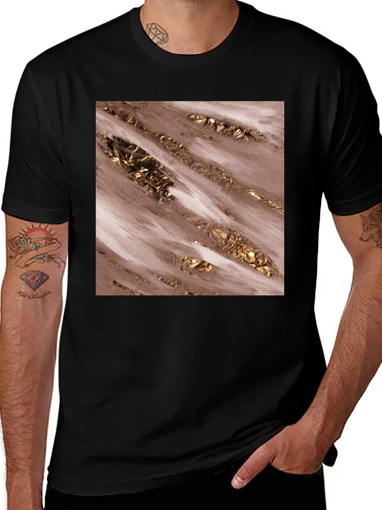 Modern Abstract Gold Foil Print Black Tee