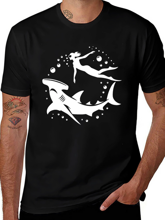 Hammerhead Shark & Diver Black Graphic T-Shirt