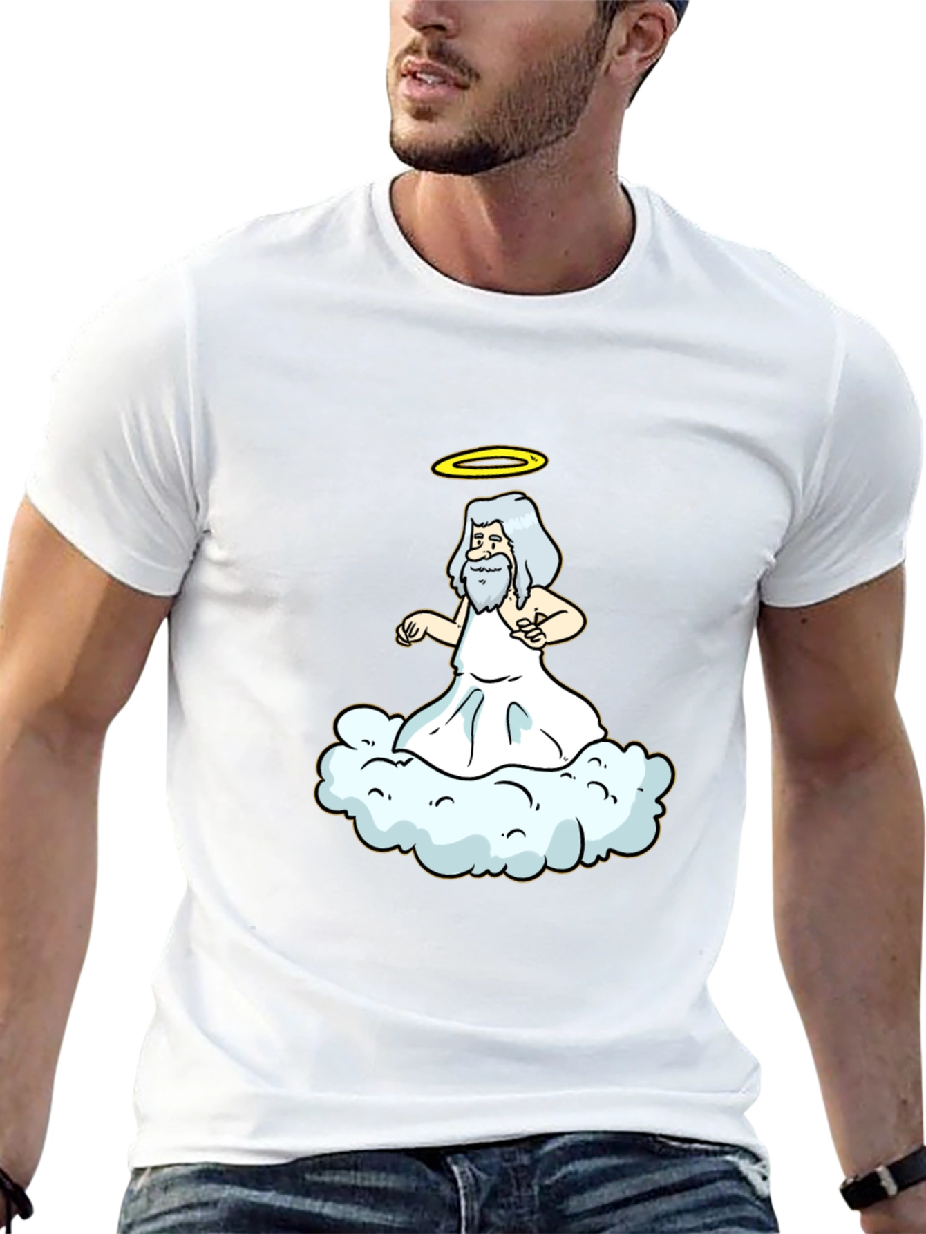 Cartoon God on Cloud Black T-Shirt