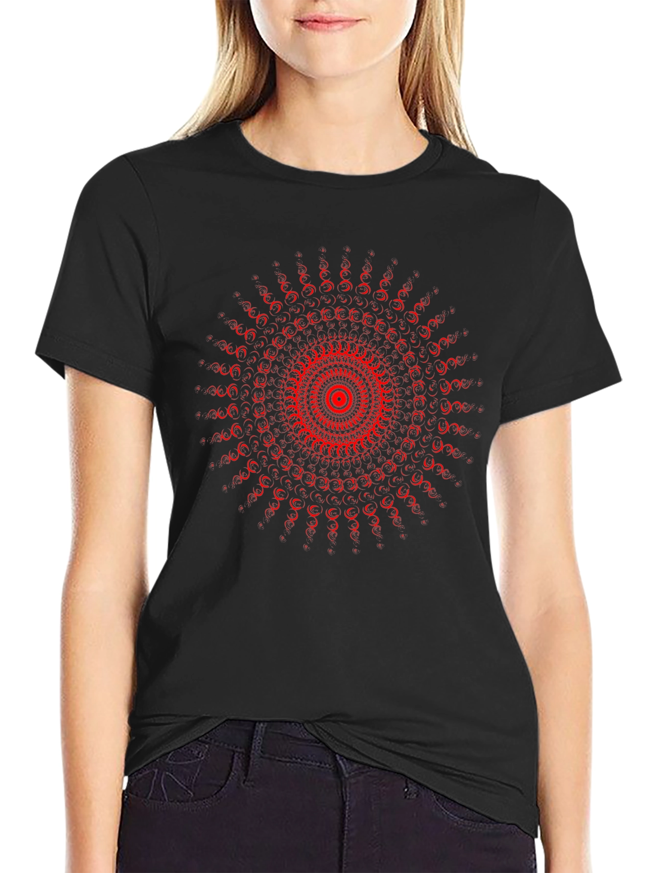 Red Mandala Graphic Black T-Shirt