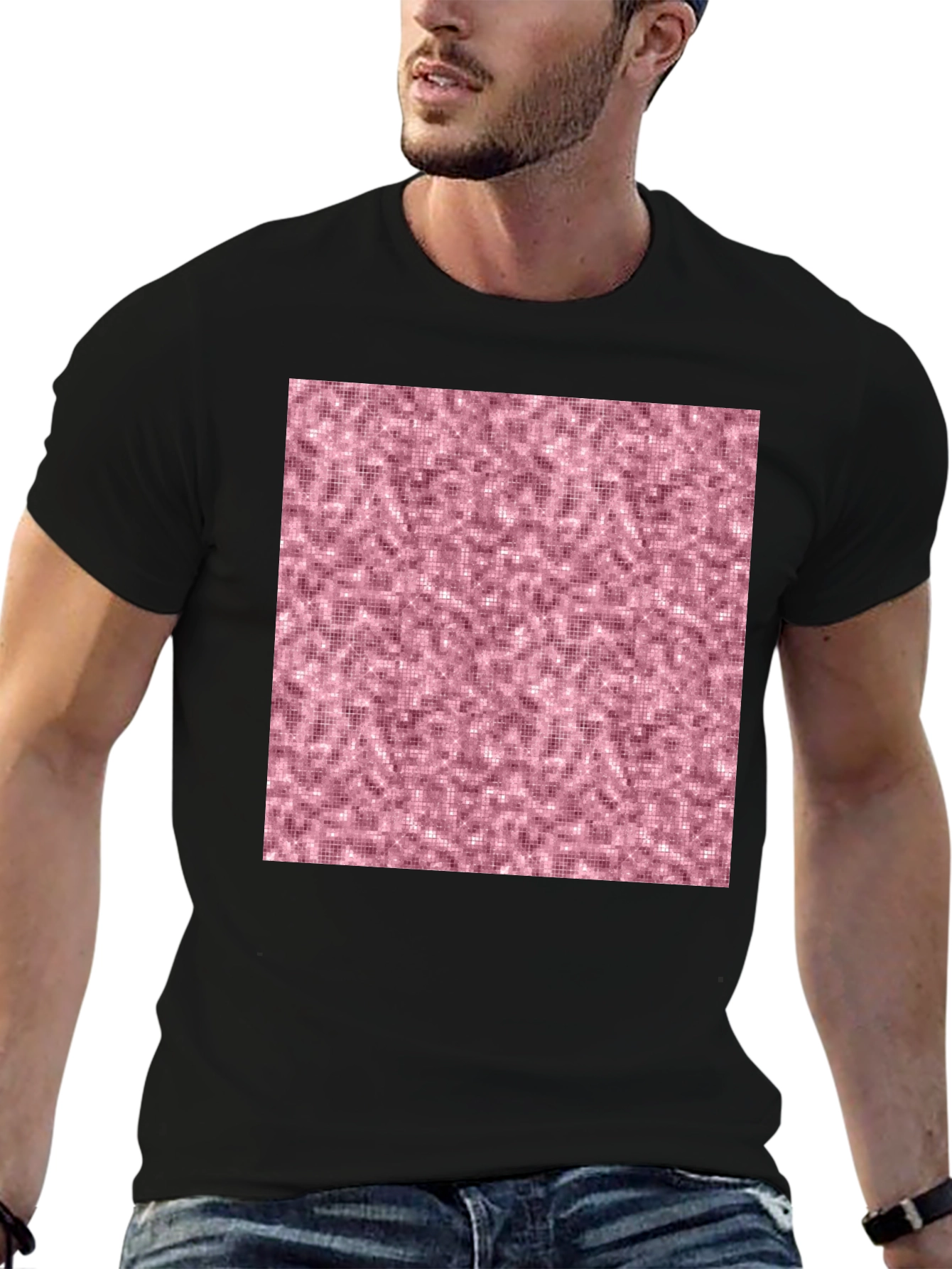 Stylish Black T-Shirt with Abstract Pink Pattern