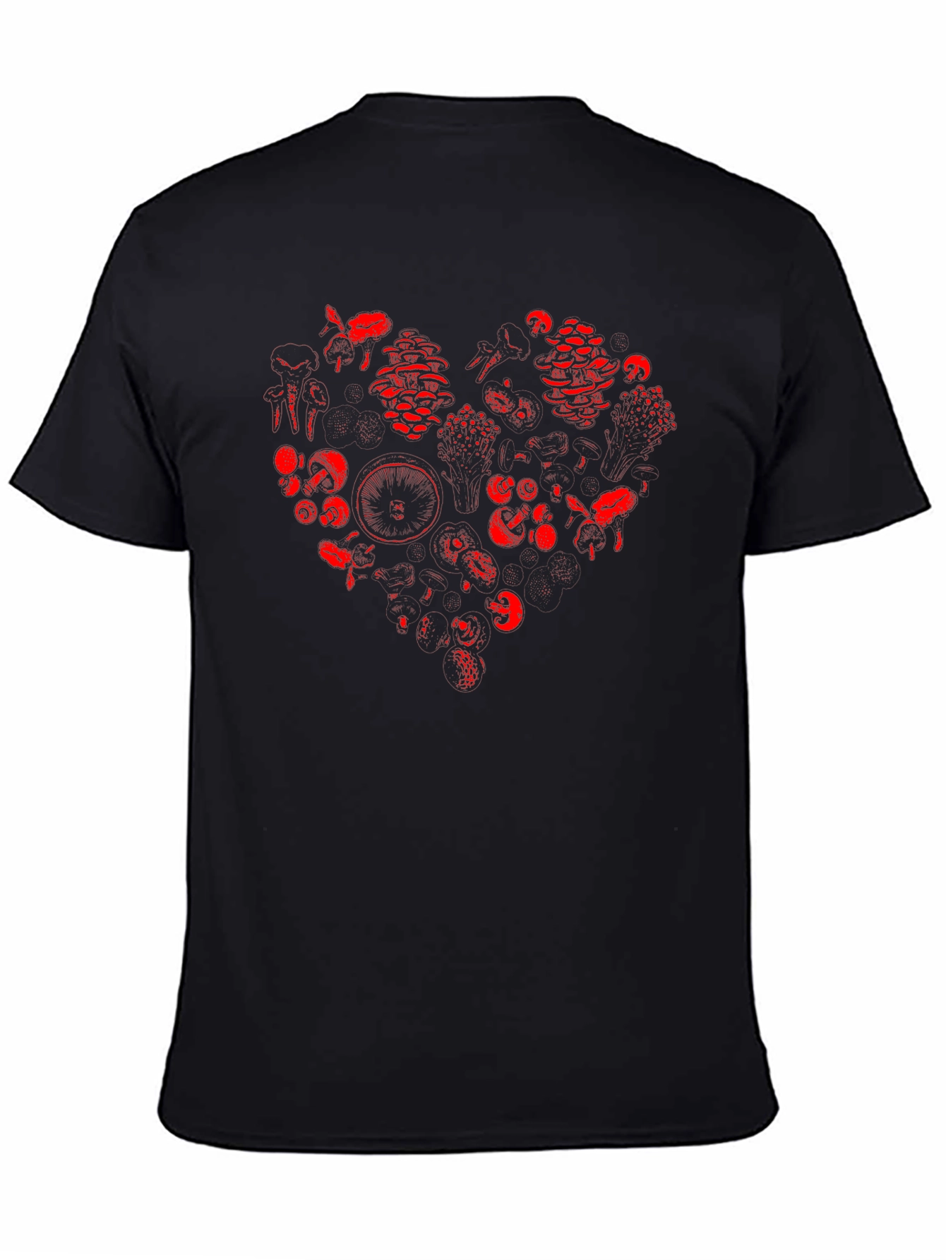 Red Mushroom Heart Graphic Black T-Shirt