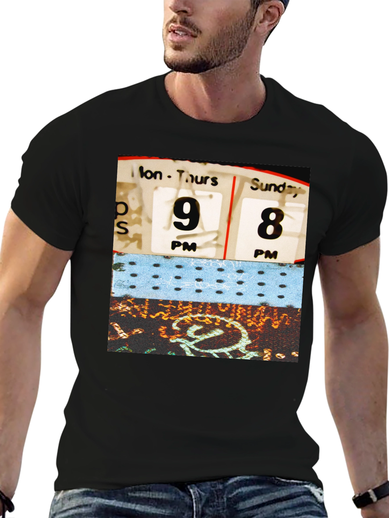 Retro Schedule Graphic Print Black T-Shirt