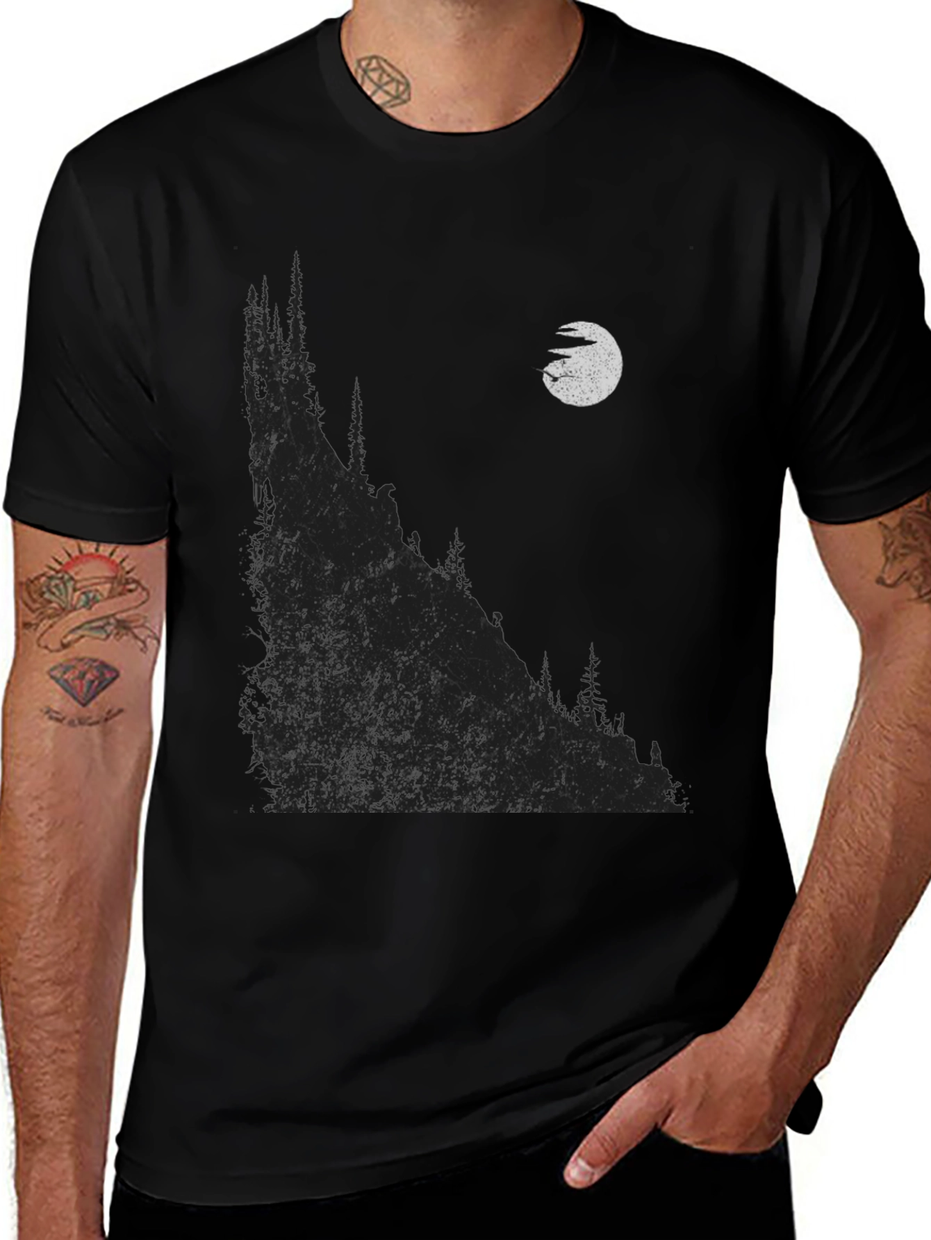 Mens Black Graphic T-Shirt - Mountain & Moon Design