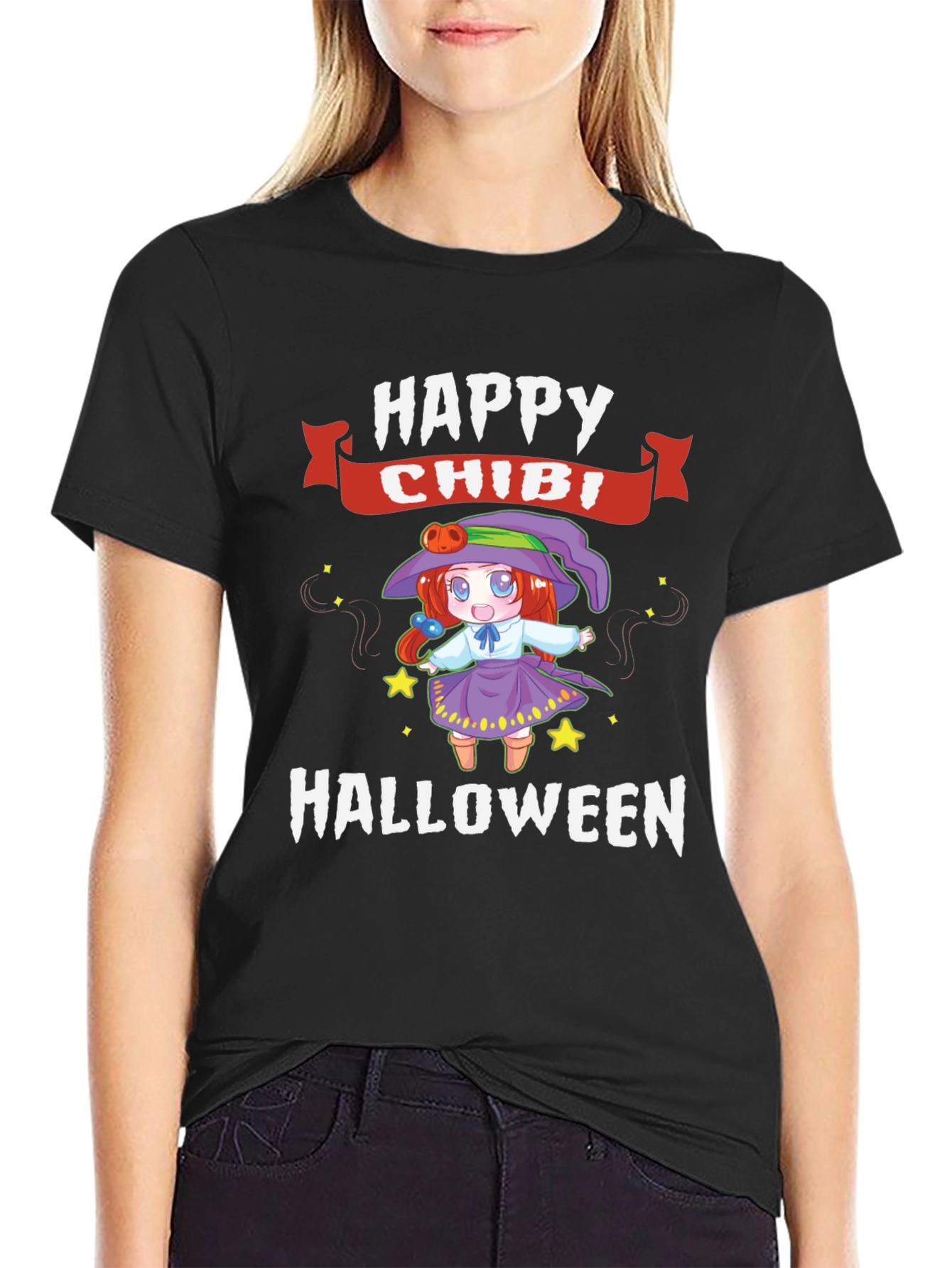 Happy Chibi Halloween Black Graphic Tee