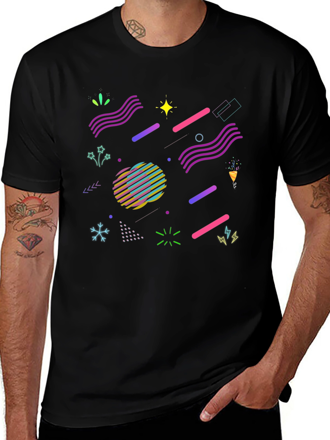 Retro 80s Geometric Pattern Black T-Shirt