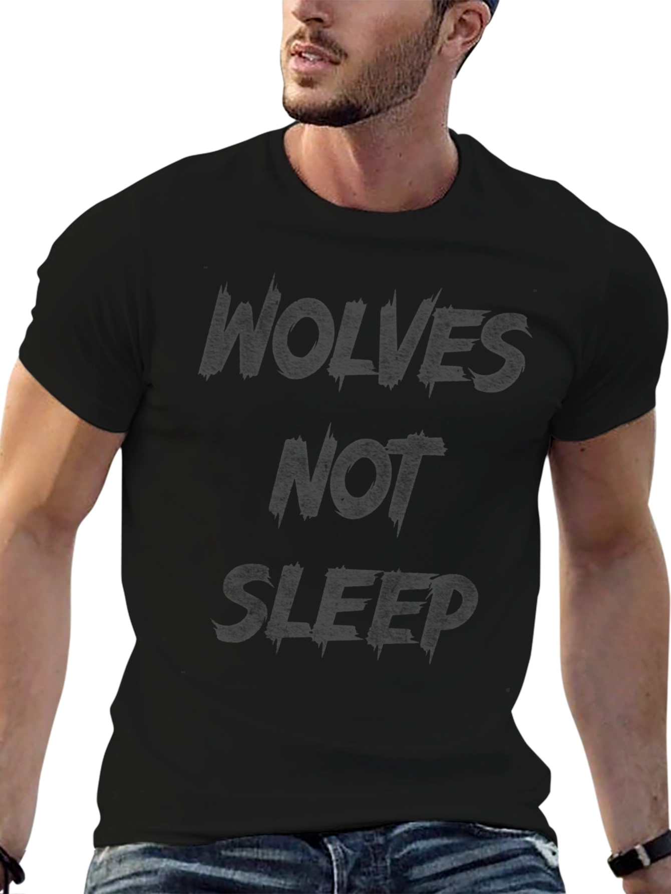Wolves Not Sleep Graphic Print Black T-Shirt