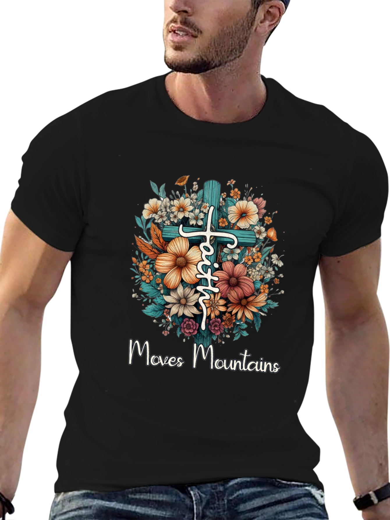 Faith Moves Mountains Floral Cross T-Shirt