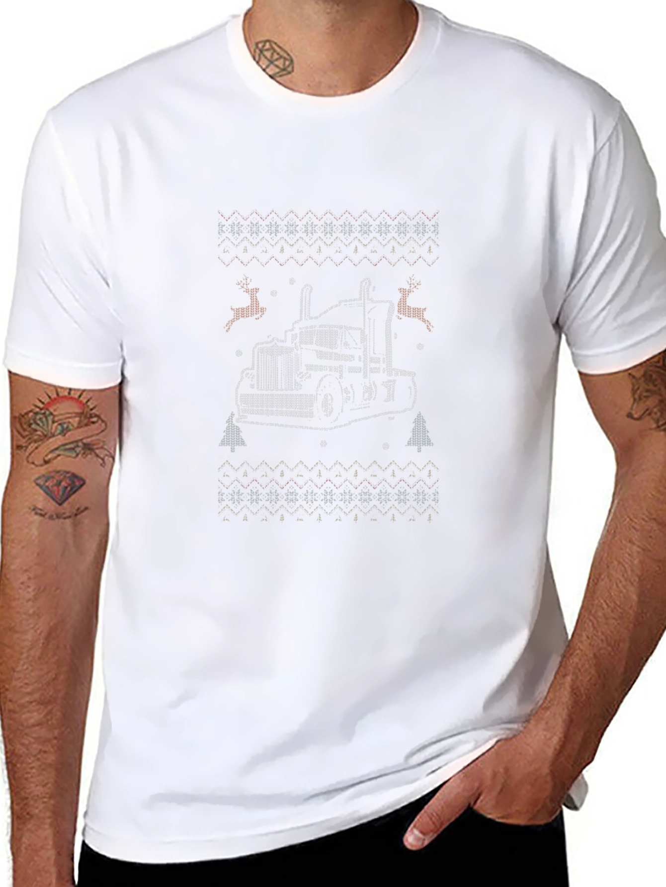 Truck Christmas Sweater Pattern Black T-Shirt