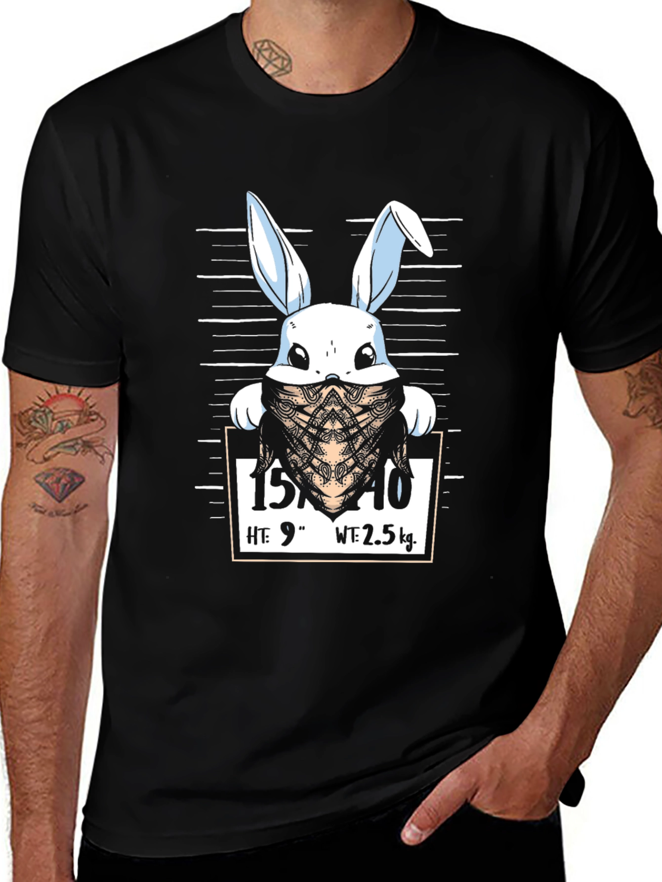 Funny Bunny Mugshot Black Graphic T-Shirt