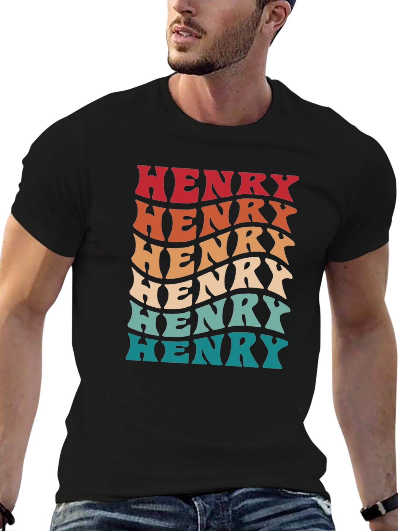 Retro Henry Name Wavy Text Black T-Shirt
