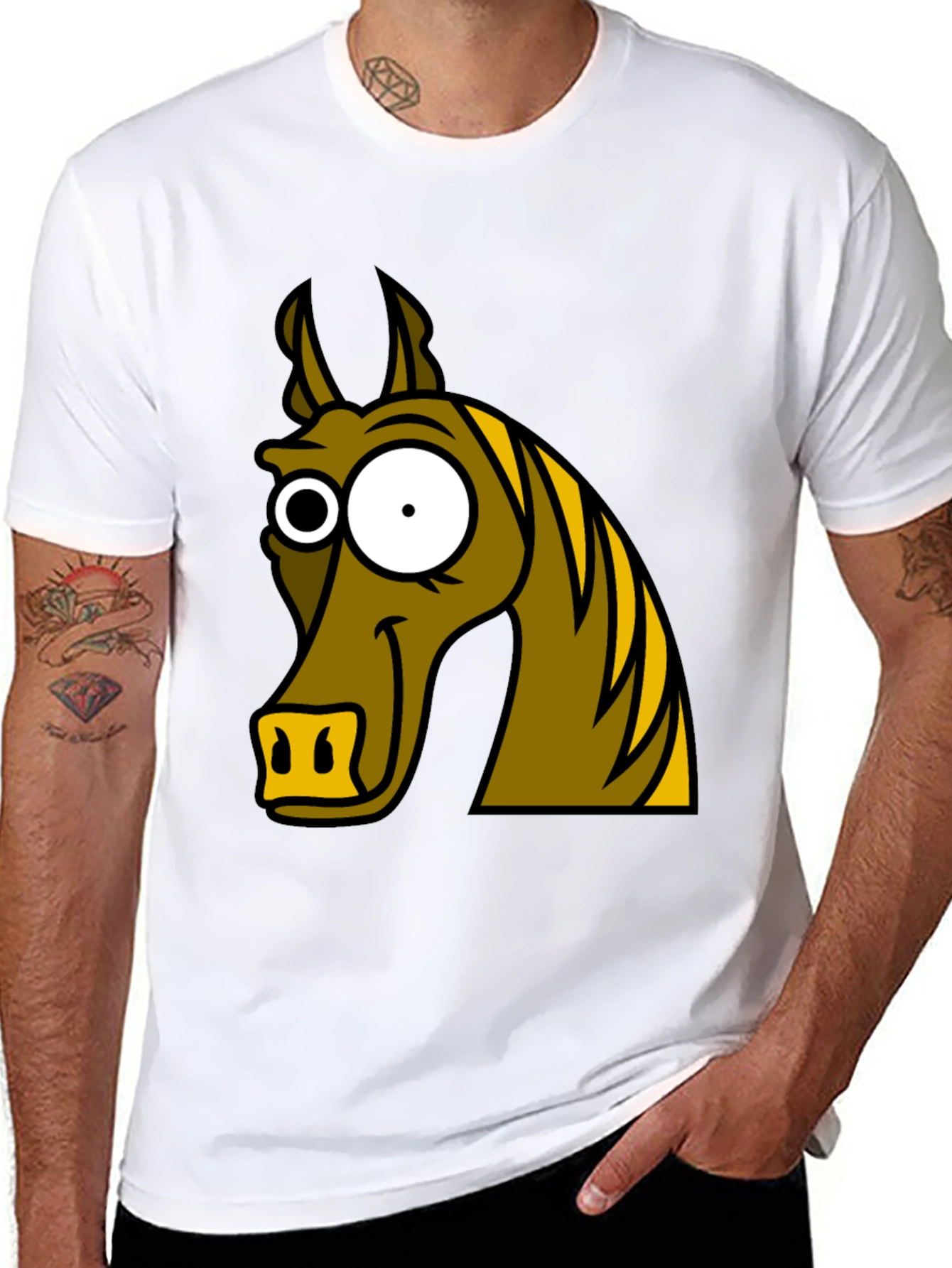 Funny Horse Cartoon Graphic Tee - Black