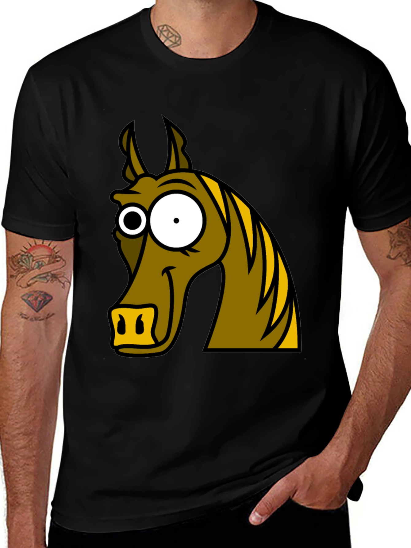 Funny Horse Cartoon Graphic Tee - Black