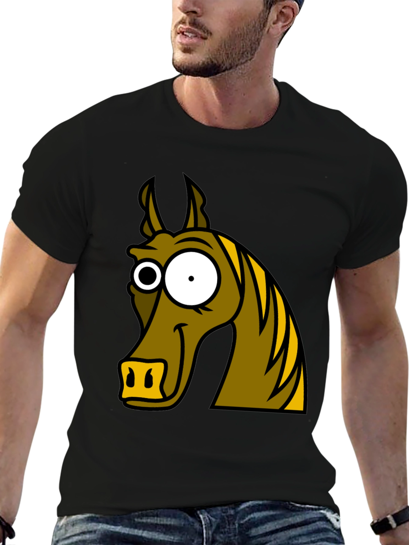 Funny Horse Cartoon Graphic Tee - Black