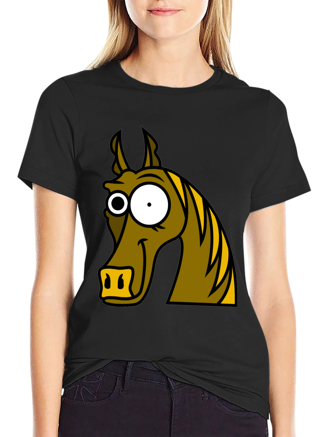 Funny Horse Cartoon Graphic Tee - Black