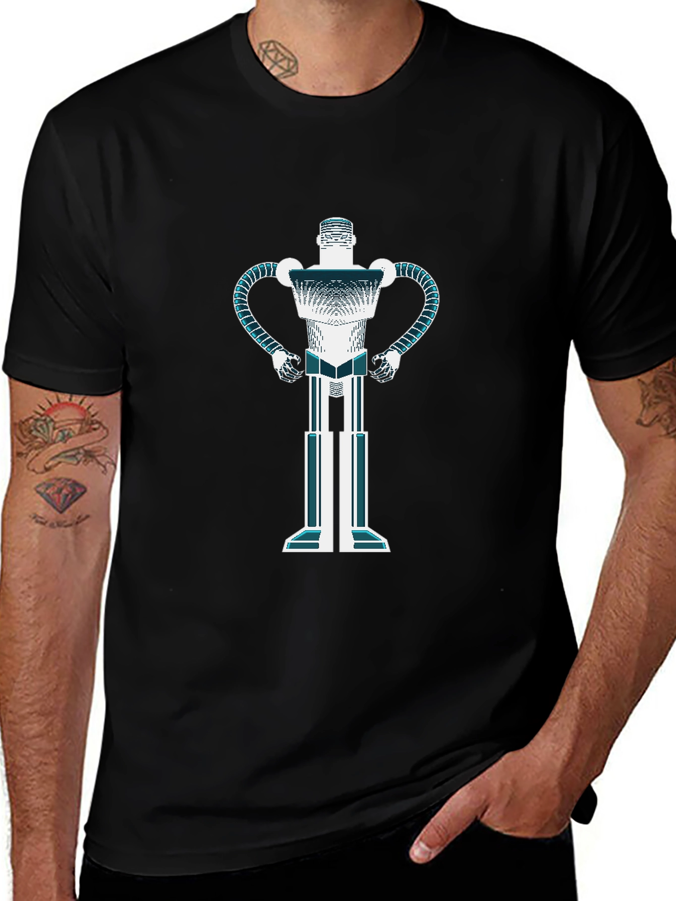 Retro Robot Graphic T-Shirt - Black Casual Tee
