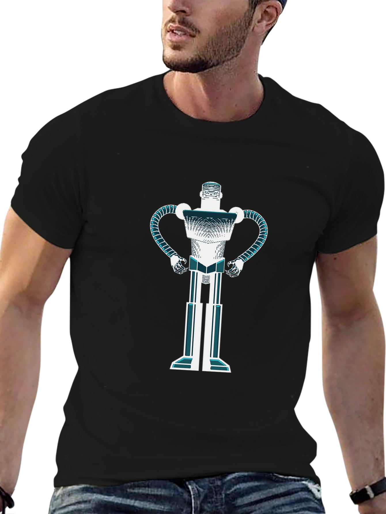 Retro Robot Graphic T-Shirt - Black Casual Tee
