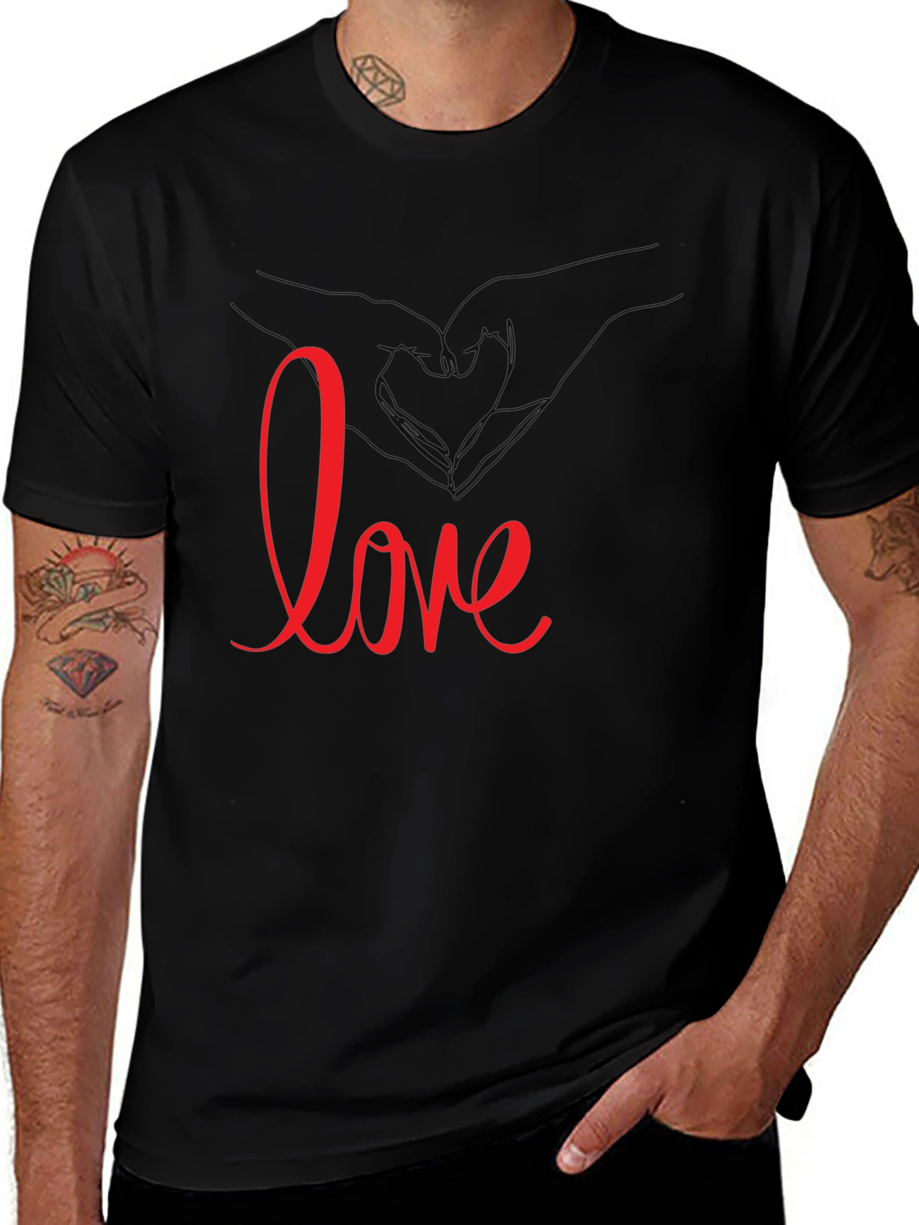 Love Heart Hands Graphic Tee - Black Casual T-Shirt