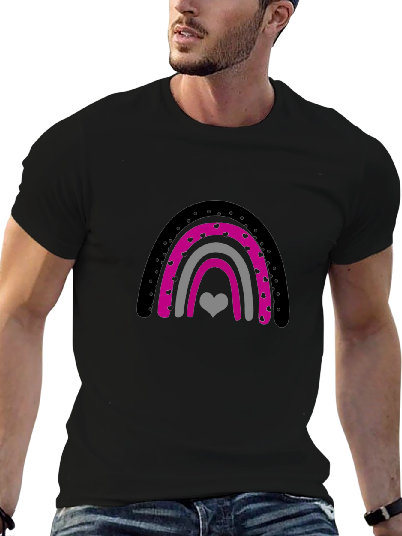 Heart Rainbow Graphic Tee - Black Cotton T-Shirt