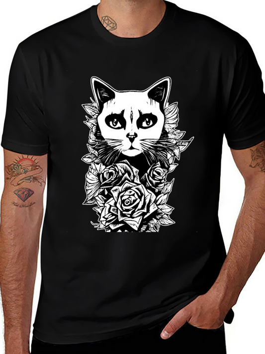 Gothic Cat & Roses Graphic Print Tee