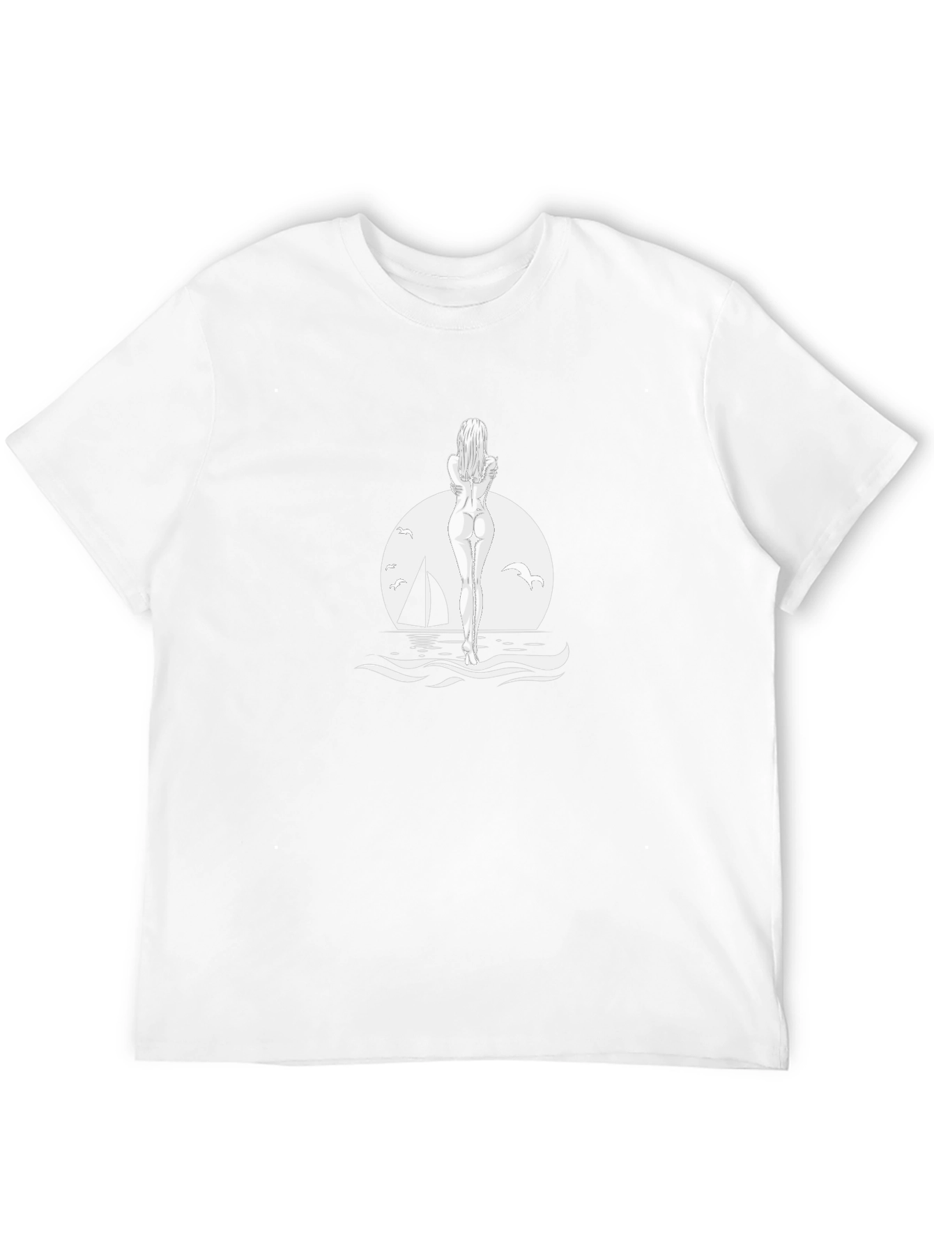 Black T-Shirt with Woman by the Sea Design