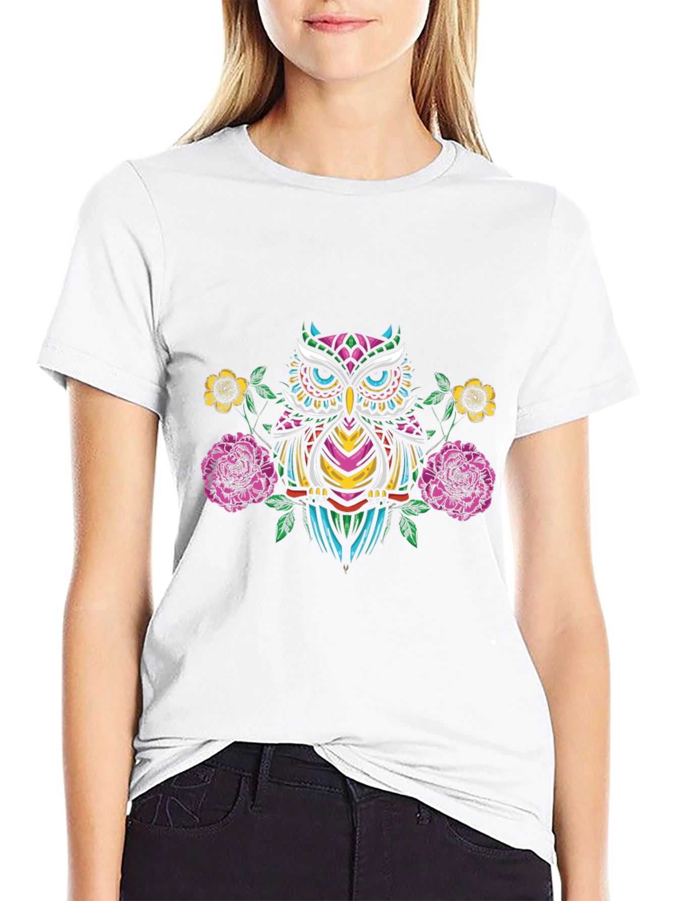 Owl & Floral Graphic Black T-Shirt