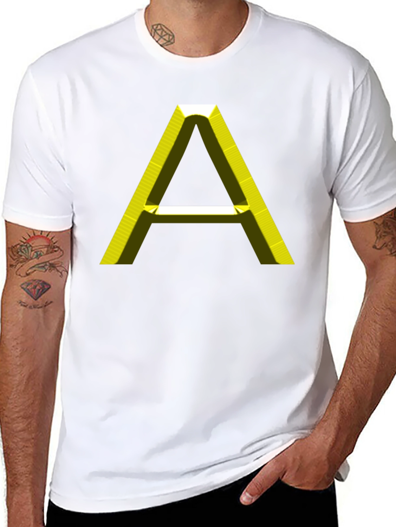 Mens Black T-Shirt with 3D Yellow A Graphic
