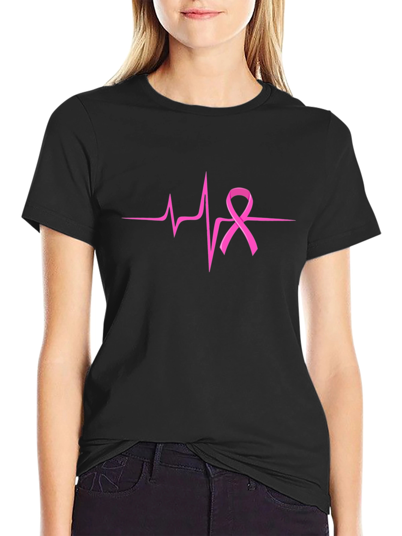 Pink Ribbon Heartbeat T-Shirt - Breast Cancer Awareness