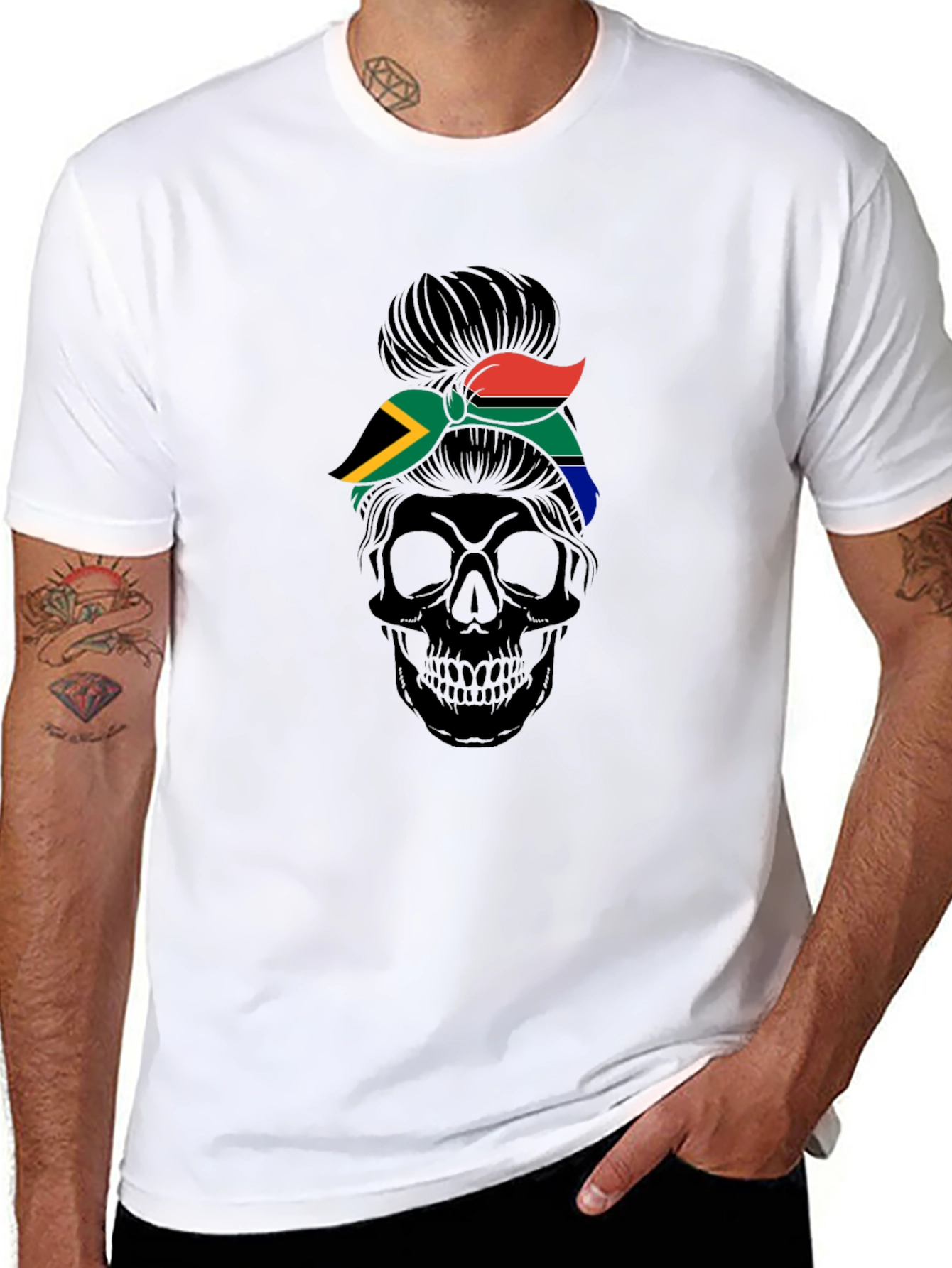 South Africa Flag Skull Messy Bun T-Shirt