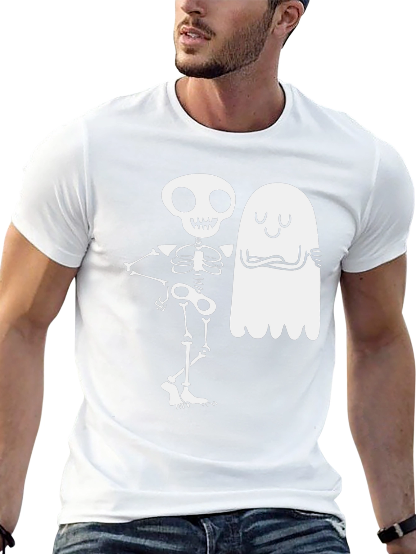 Skeleton & Ghost Graphic Tee - Spooky Season Apparel