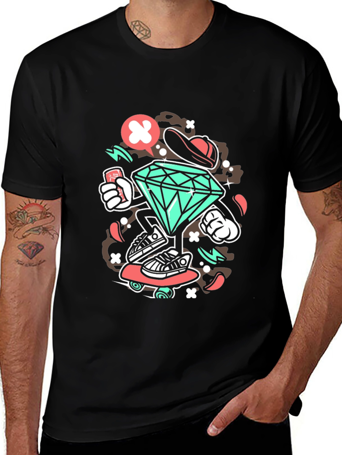 Diamond Skater Graphic Print Black T-Shirt