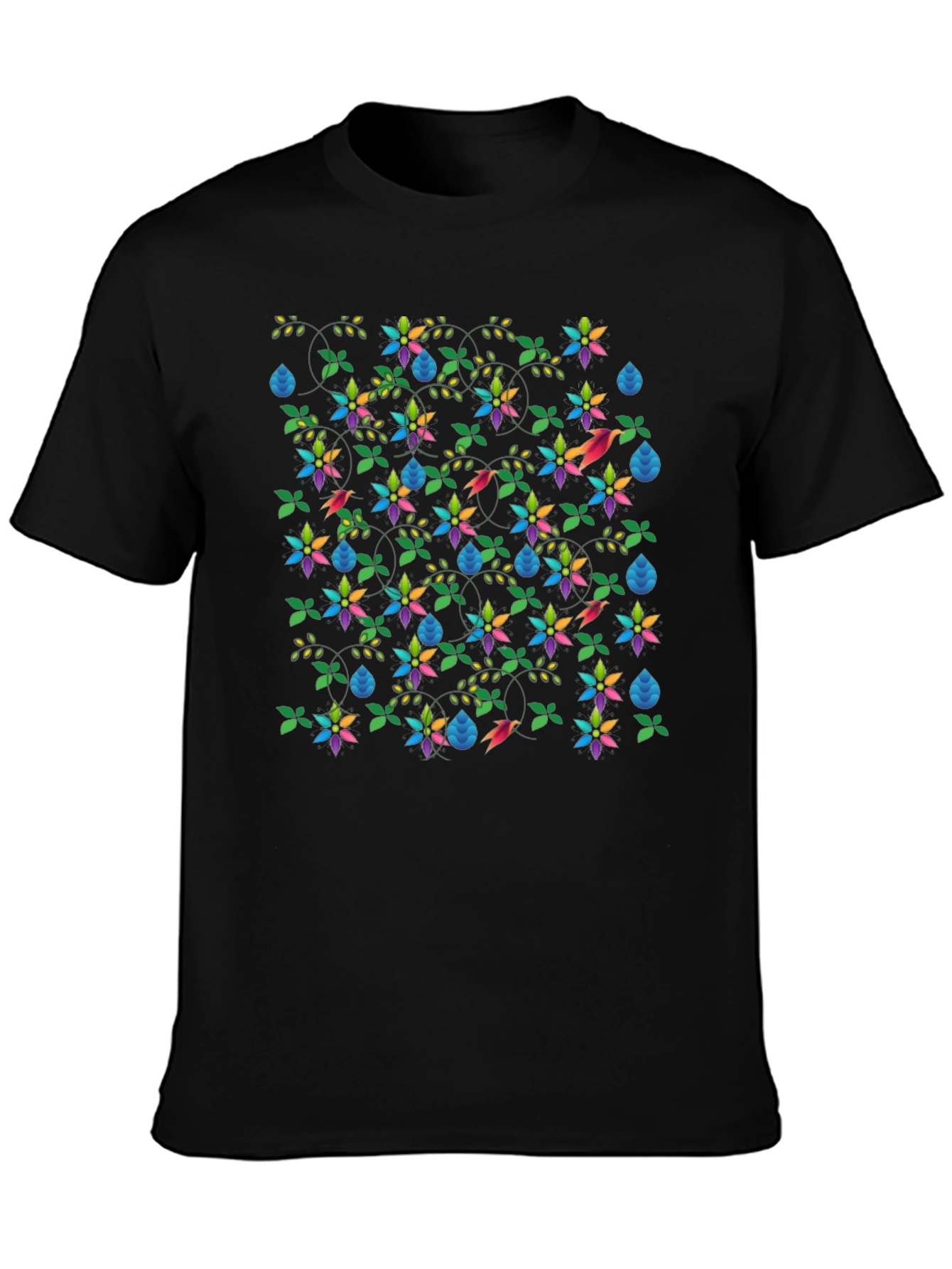 Floral & Fauna Print Black T-Shirt