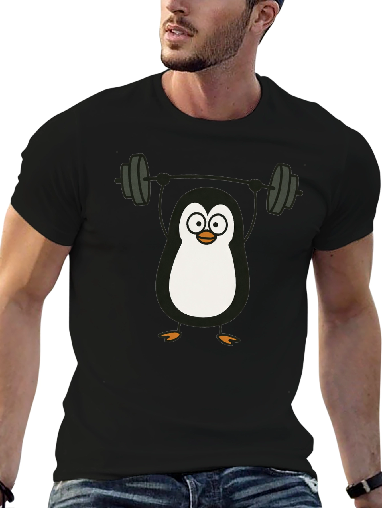 Penguin Lifting Weights Graphic Tee