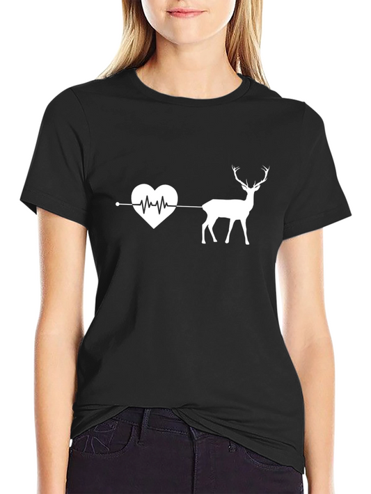 Heartbeat Deer Graphic Tee - Black Cotton T-Shirt