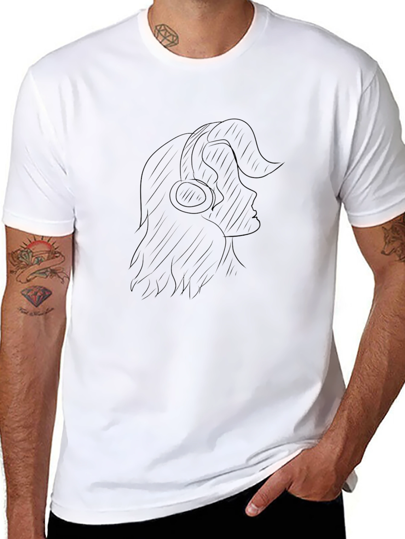 Black Graphic Tee - Woman with Headphones