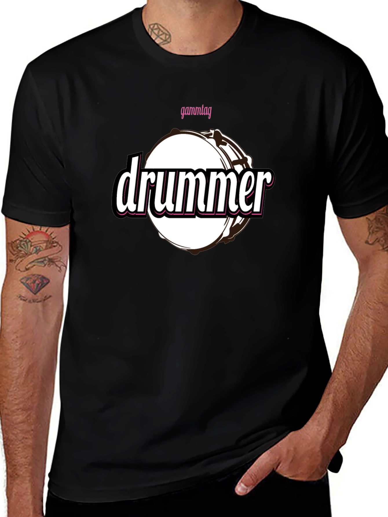Drummer T-Shirt - Black Cotton Tee with Drum Graphic