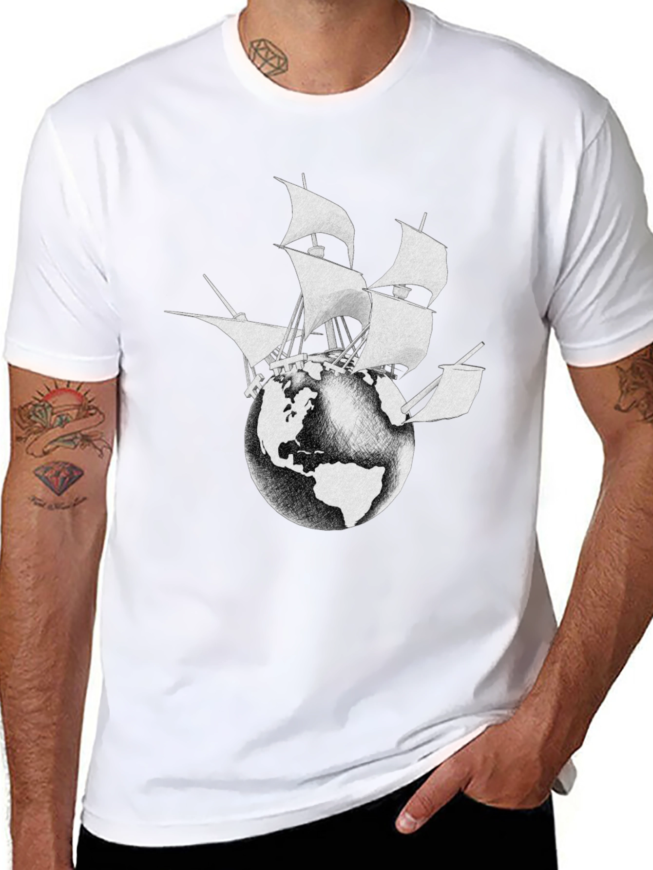 Globe Ship Graphic Tee - Black Cotton Casual Shirt
