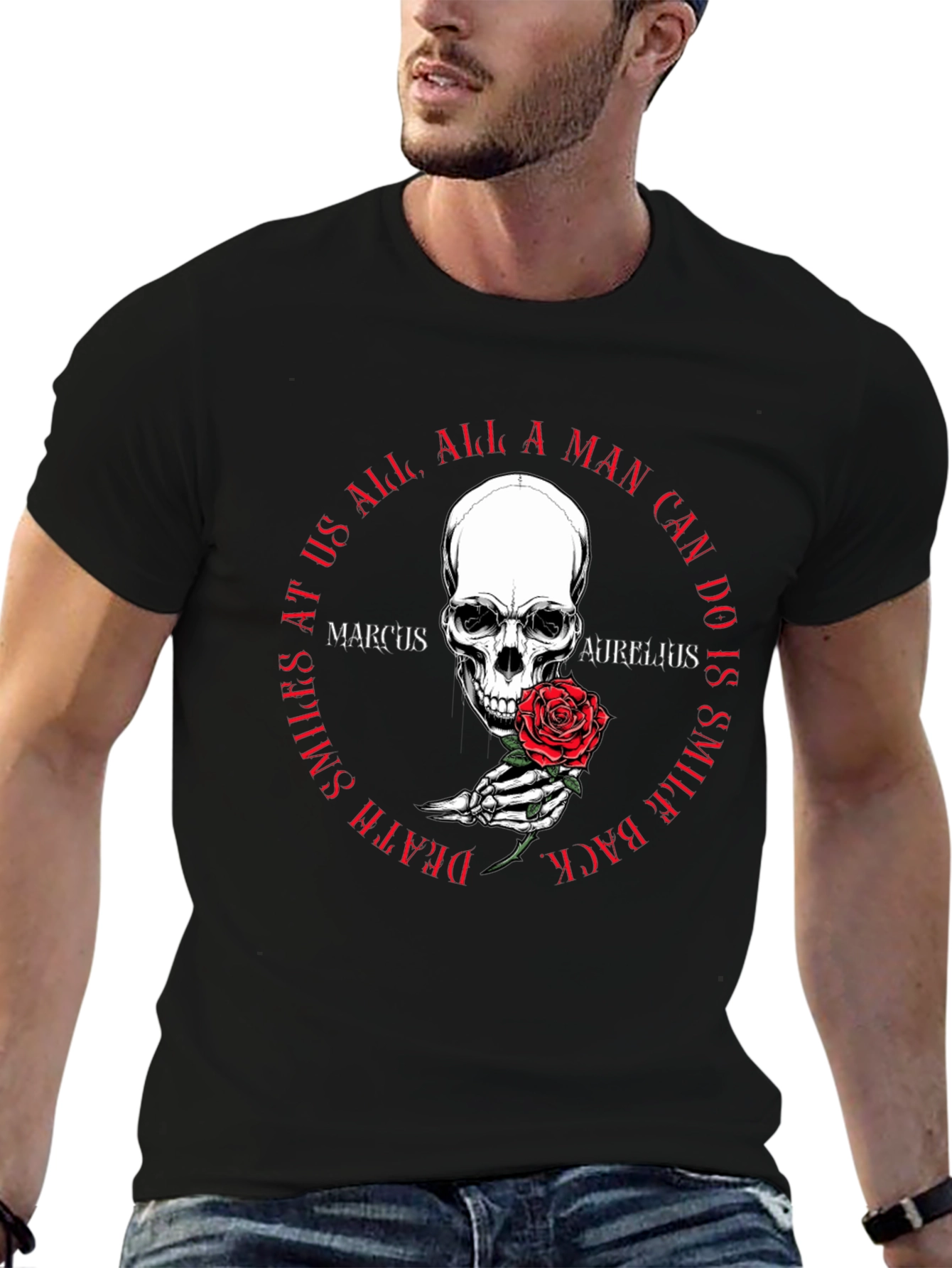 Skull & Rose T-Shirt - Marcus Aurelius Quote