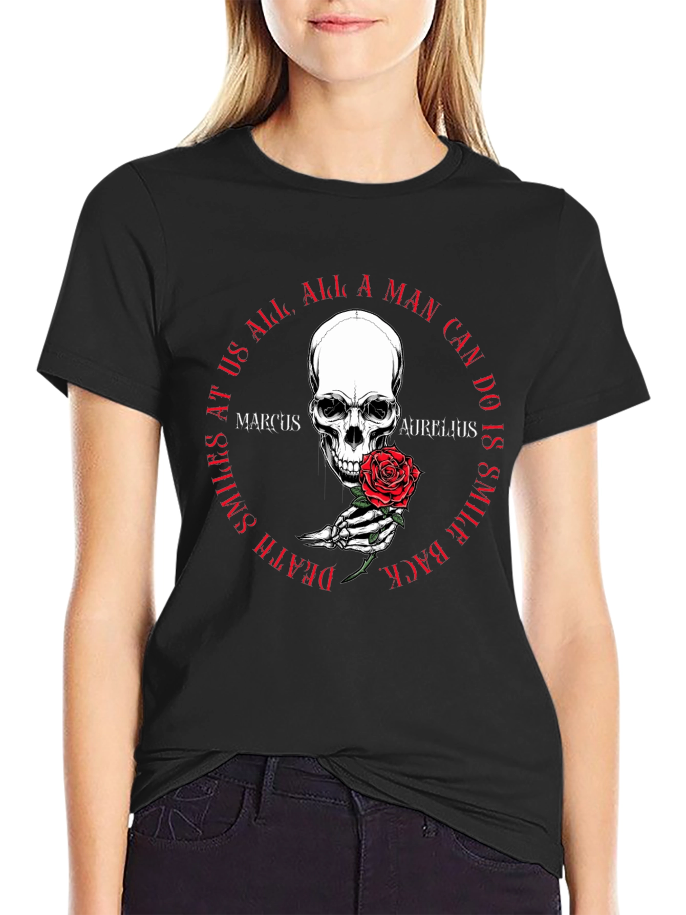 Skull & Rose T-Shirt - Marcus Aurelius Quote