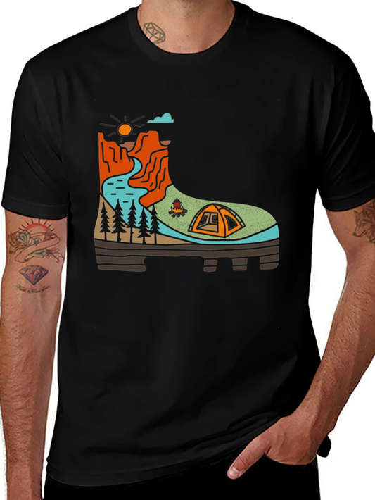 Hiking Boot Scene Graphic Tee - Outdoor Adventure Shirt